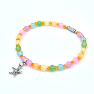 Handmade Starfish Pastel Rainbow Glass Beads & Crystals Beaded Ankle Bracelet
